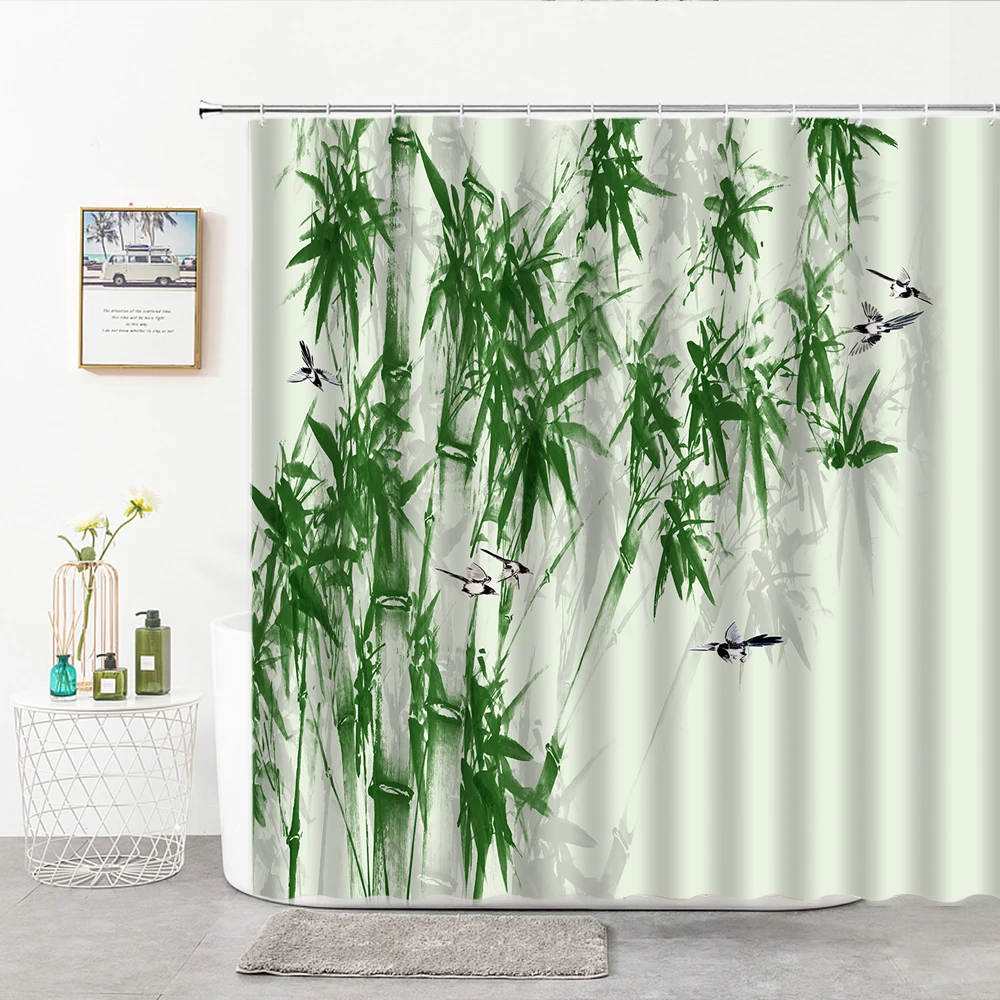 

Modern Minimalist Hand-Painted Bamboo Swallows Printing Shower Curtains Curtain For Baths Bathroom Curtain Polyester Home Decor
