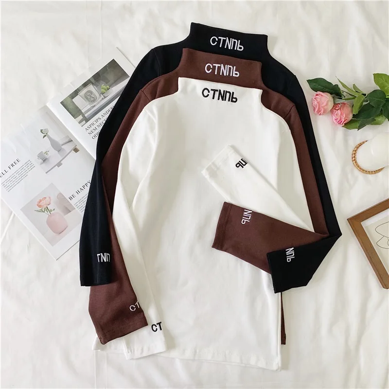 Harajuku рубашка с длинными рукавами и надписью, женские топы, водолазка, Roupas Feminina, однотонная Осенняя Корейская Blusas Mujer de Moda, футболка