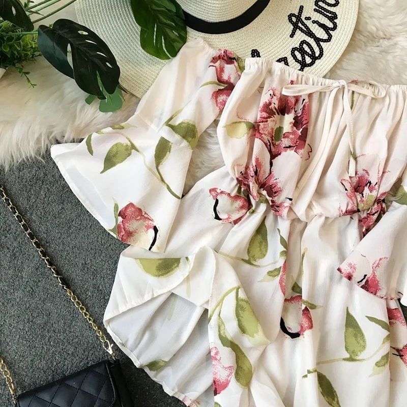 2021 Summer New Slash Neck Women Jumpsuits And Rompers Floral Printed Short Chiffon Ruffles Lady Playsuits Top Quality |