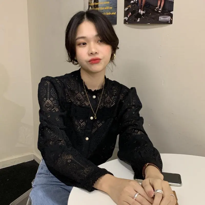 Alien Kitty Hollow Out Patchwork Lace Cotton Office Lady Vintage 2020 Gentle Free Embroidery Floral Sexy All-Match Elegant Shirt | Женская