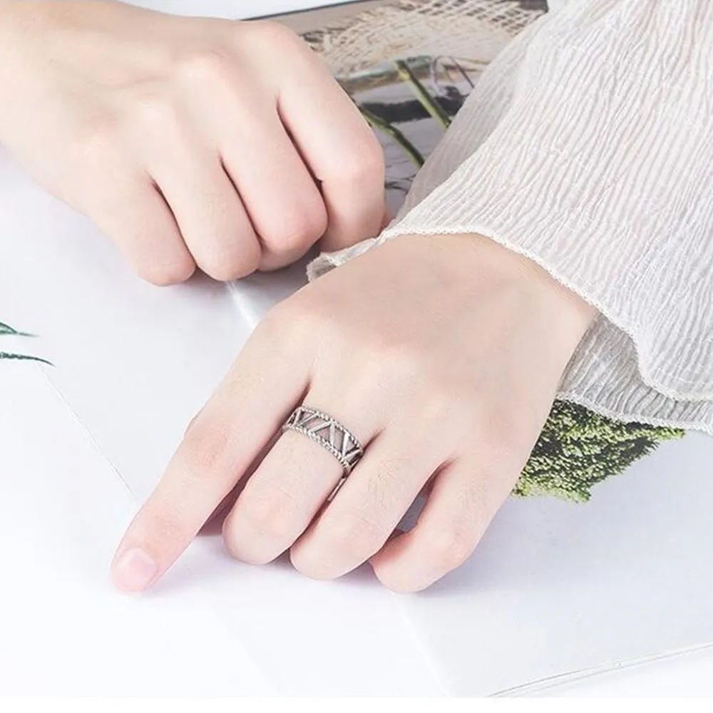 

925 Sterling Silver New Open Ring High Quality Retro Simple Black Hollow Size Adjustable Hand Jewelry Making