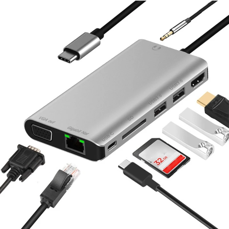 

Многофункциональная док-станция 8 в 1, USB 3,0 Тип C, HDMI-совместимая + VGA + 2xUSB3.0 + SD кардридер + Gigabit Nat + PD