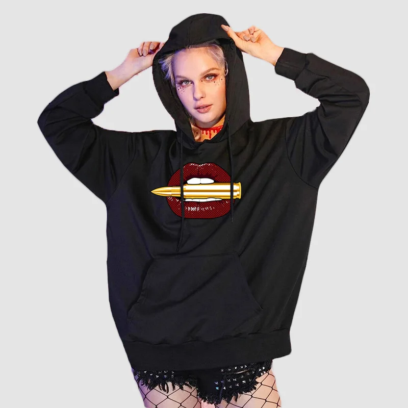 

Fashion Hoodies Woman Lips Print Sweatshirt Women Punk Harajuku Hooded Cotton Streetwear Sweatshirts Casual Clothes