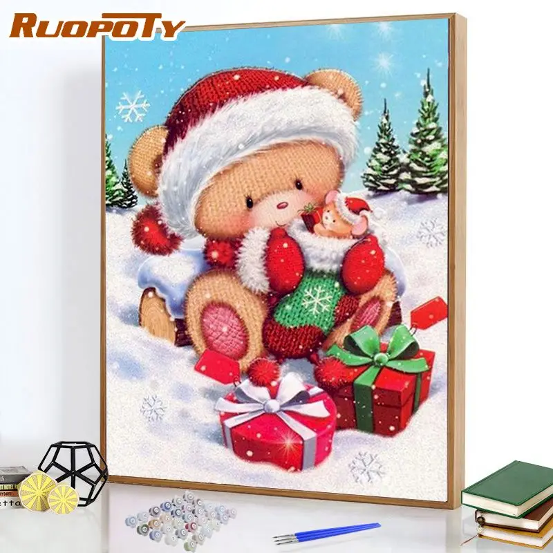 

RUOPOTY Christmas Bear Painting By Numbers Acrylic Paints 40*50 Handpated zero basis Paintings Crafts Adults Drawing