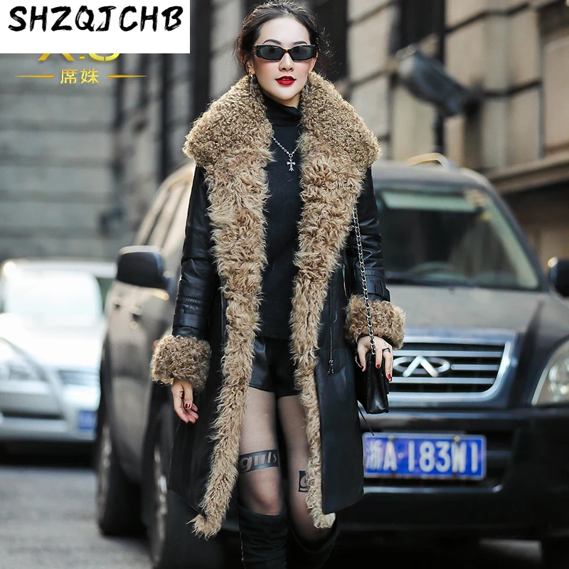 

Женский кожаный пуховик SHZQ, средней и большой длины, новинка зимы 2021, модное пальто из овечьей шкуры, с овечьим мехом и травой