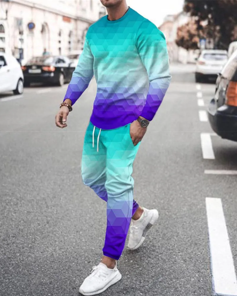 

Autumn and Winter 3D Printing Gradient Color Men's Hooded Sweater Suit Men's Sportswear Sportswear Long-sleeved Men's Suit