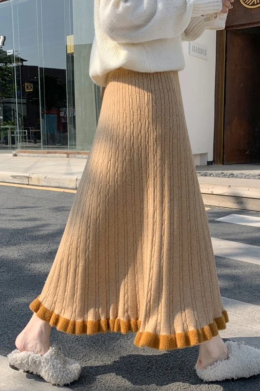 

BornSra Knitted Skirt Female 2020 New Style for Autumn and Winter Long L High-Waisted A Word Mao Xian Qun