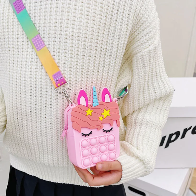 Boys Girls Unicorn Bag New Children Silicone Bubble Puzzle Decompression Toy Bag Kids Wallet Shoulder Bag