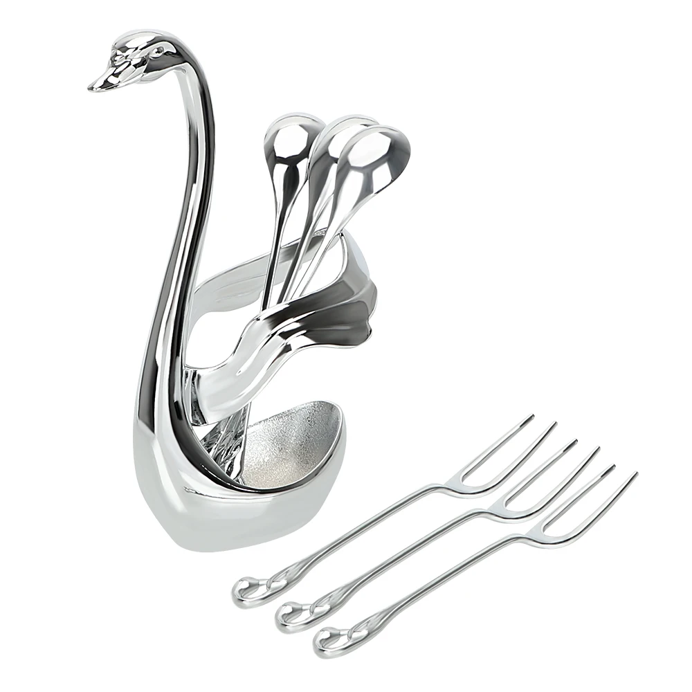 

Salad Dessert Forks Spoon with 3 Forks & 3 ladles Swan Base Holder Coffee Cake Tools Zinc Alloy Fruit Forks Set Tableware