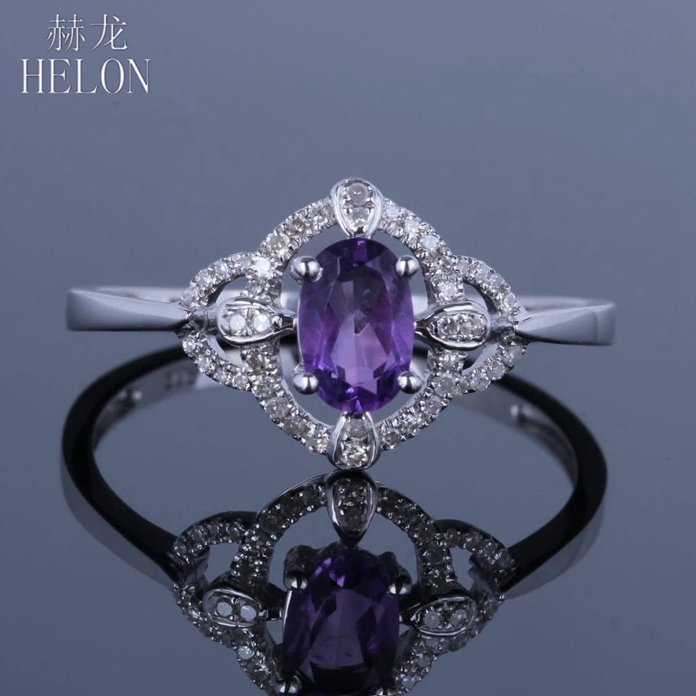 

HELON Solid 14 к белое золото овал 4x6 мм натуральный аметист бриллиантами обручальное кольцо для женщин, хорошее ювелирное изделие, кольцо с брилл...