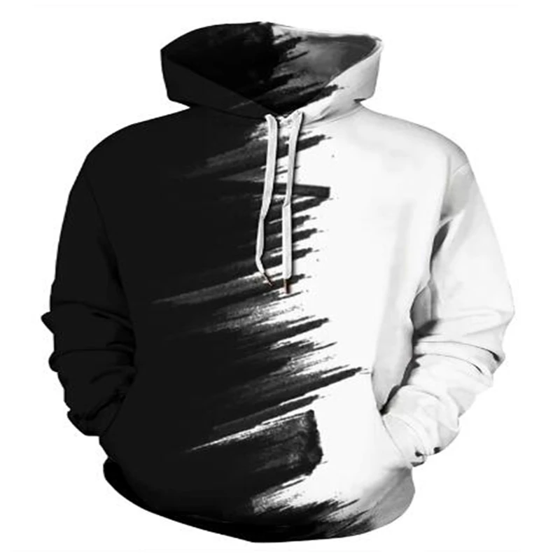 

Men's Top Long Sleeve Hoodie Sweatshirt New Black and White Stitching 3D Printing Casual Round Neck Men's Hoodie
