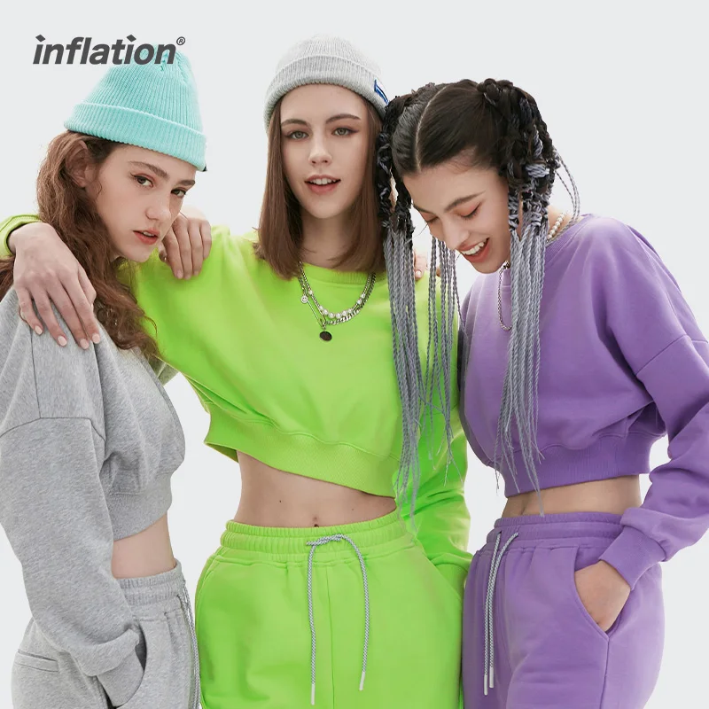 

INFLATION White Crop Sweatshirt For Women Crewneck Pullovers 2021 Autumn Casual Sweatshirts Lady Sexy Crop Tops 6003GS21