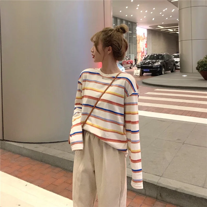 Радужная футболка для женщин в полоску Kawaii одежда Harajuku корейский Стиль Уличная Эстетическая с длинным рукавом Осень Roupas Feminina О образным вырезом