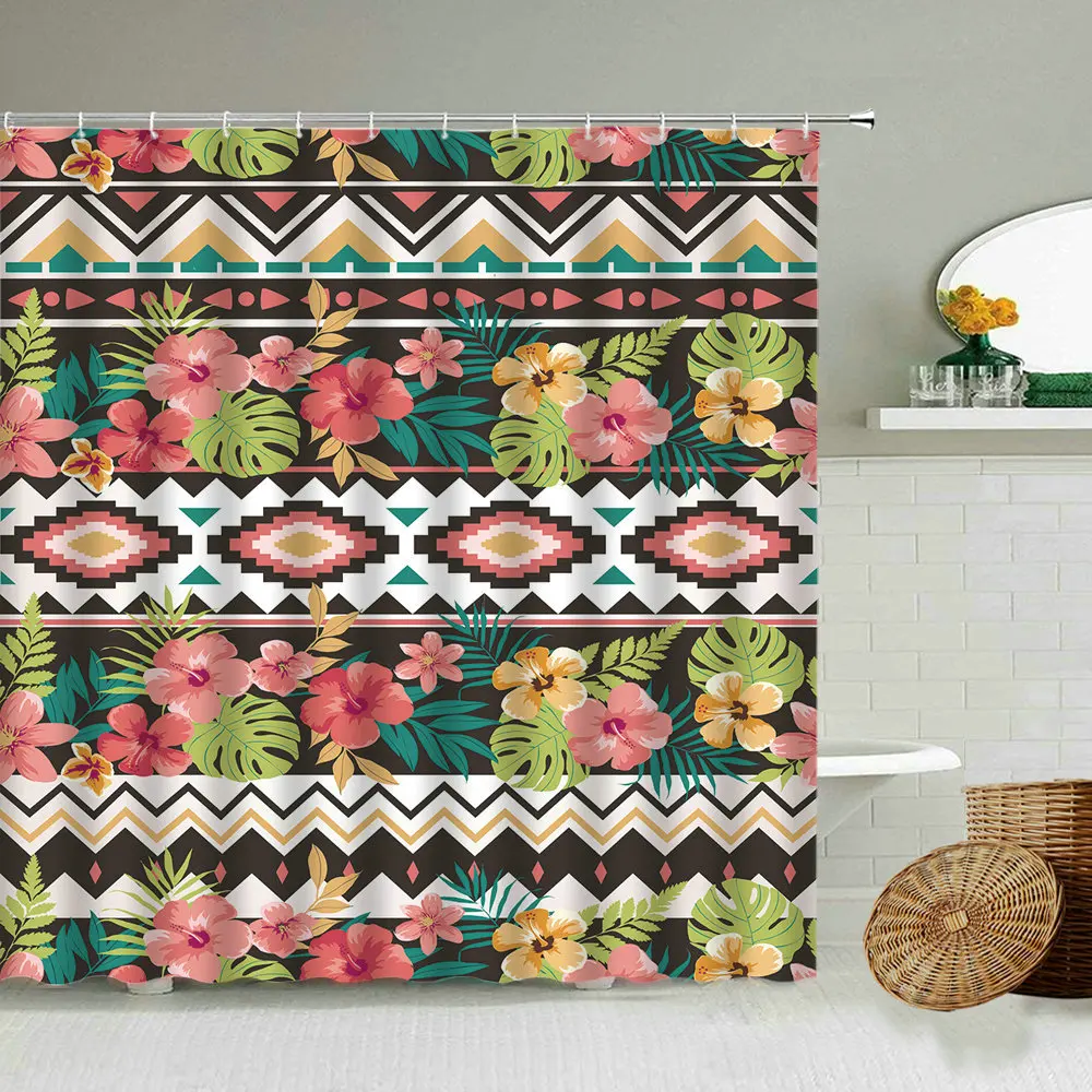 

Plant Flower Ethnic Pattern Shower Curtain Geometric Ripple Bathroom Waterproof Polyester Curtains Home Decoration With Hook Set