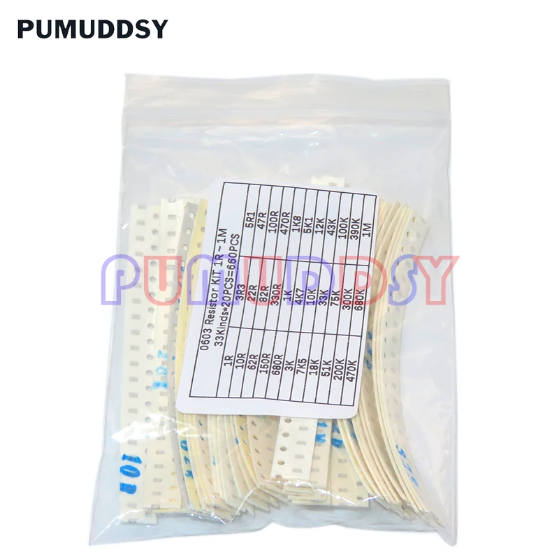 

0603 SMD Resistor Kit Assorted Kit 1ohm-1M Ohm 1% PUMUDDSY 33valuesX 20pcs=660pcs Sample Kit