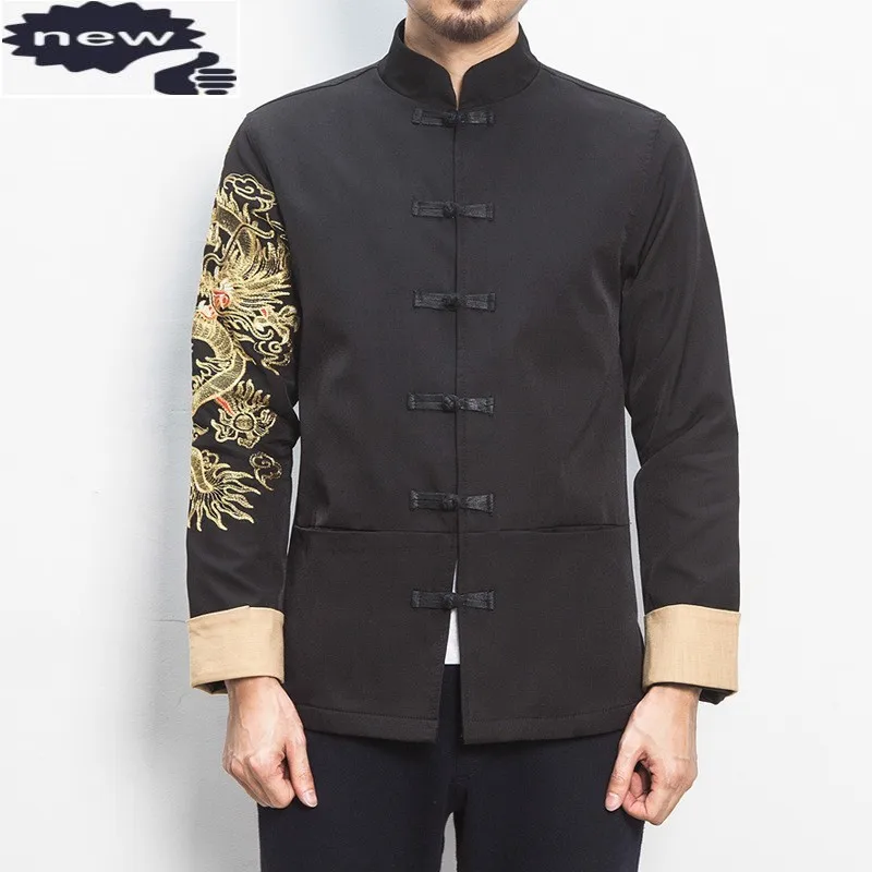 Chinese Vintage Mens Buttons Stand Collar Retro Dragon Embroidery Slim Fit Coat Plus Size 5XL Male Jacket Outerwear Coats