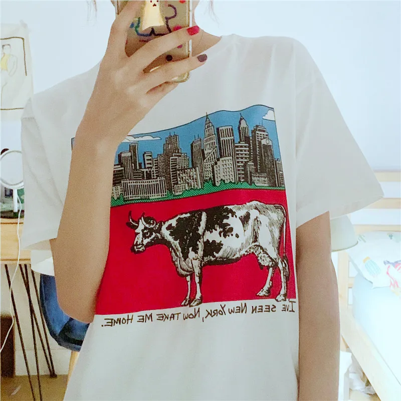 

Футболка женская с забавным принтом коровы Нью-Йорка, белая хлопковая рубашка в стиле K-POP, Свободная блуза в стиле Харадзюку с круглым вырез...