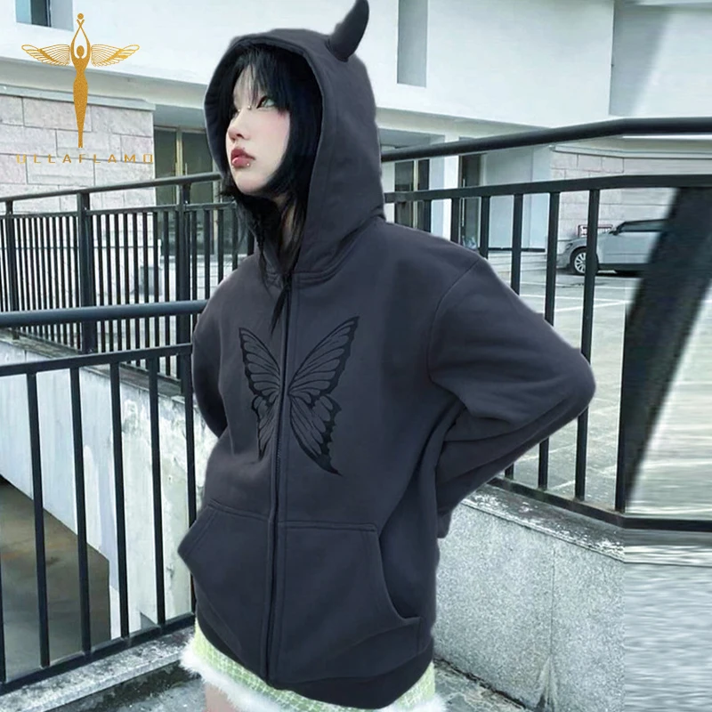 

Y2k Cardigan Long Sleeve Hooded Women Jacket Butterfly Print Loose Zipper Sweatshirt Grunge Fairy Trend Hoodies Coats
