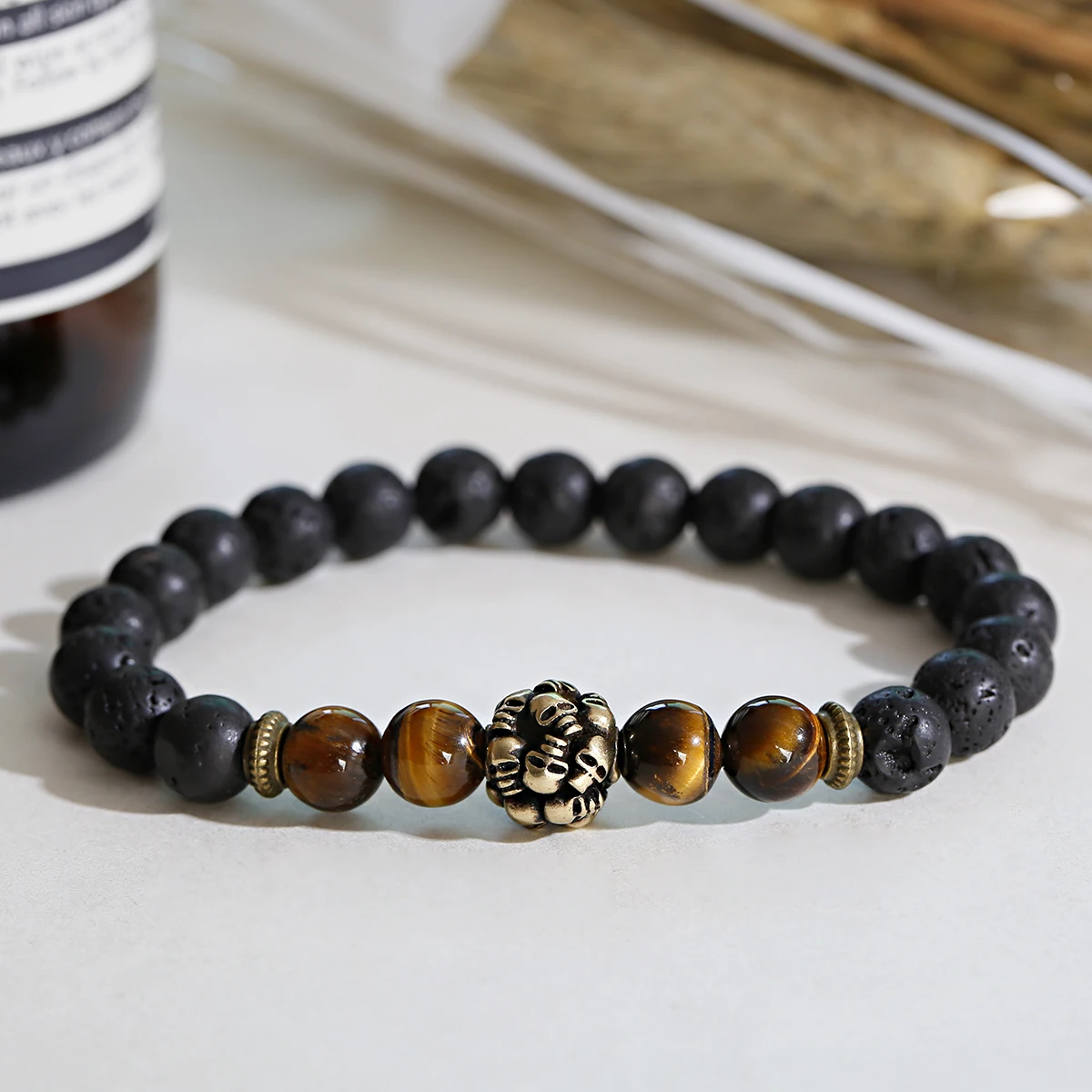 

Hot Trendy Lava Stone&Tiger's Eye Pave CZ Skeleton And Helmet Charm Bracelet For Men Or Women Elasticity Bracelet Jewelry Gifts