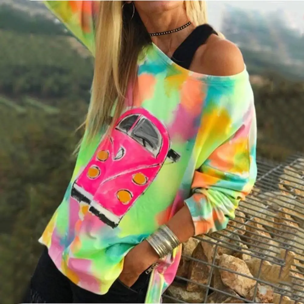 Женская футболка с длинным рукавом и открытыми плечами модная разноцветная