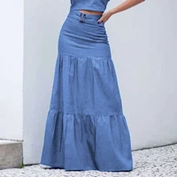 2022 women solid long skirt elastic waist pleated maxi skirts beach ruffle vintage summer chic belt faldas saia party bottoms
