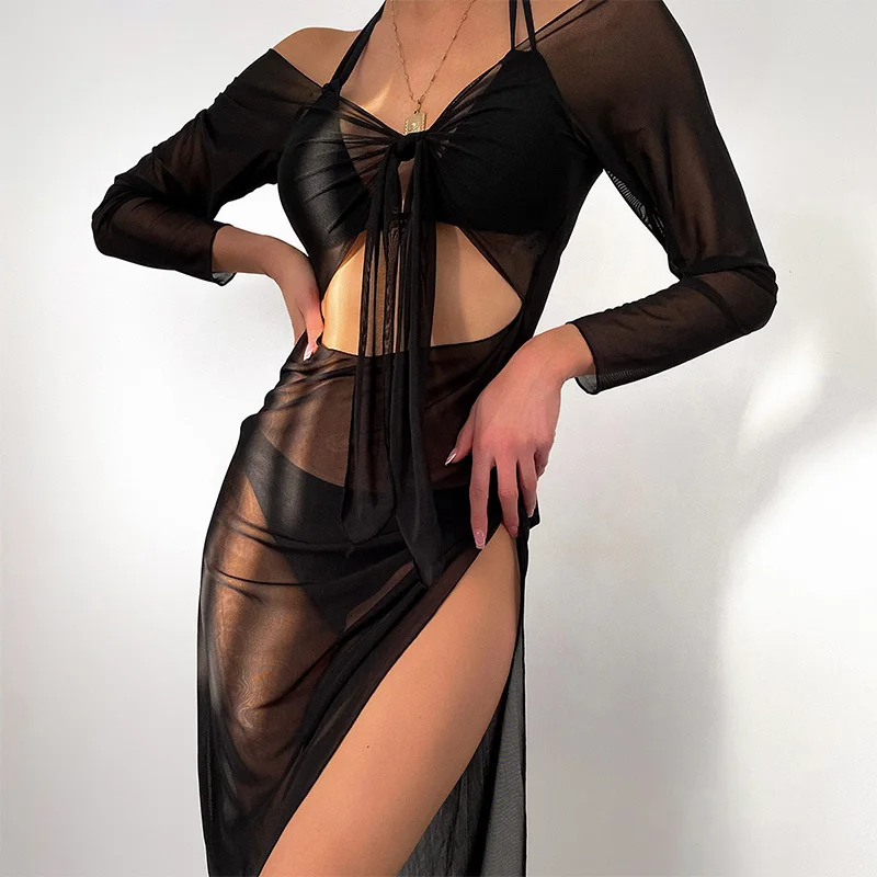 

Solid Kaftan 2022 Hollow Out Cardigan Fashion Long Sleeve Outer Cover High Slit Pareo Bandage Cover-ups Sexy Sarong Dress Beach