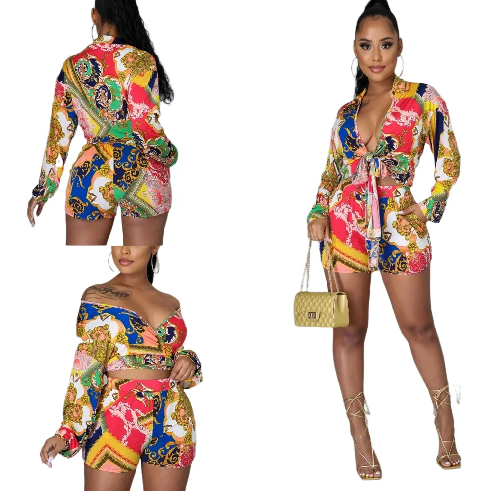 

Autumn Print Two Piece Set Women Long Sleeve Blouse Shirt Top and Shorts Sets Chic Party Club Outfits Ensemble Femme