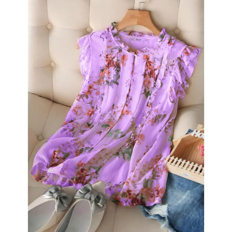 

Women's Spring Summer Chiffon Blouses Shirt Women's Printed Sleeveless Button Ruffles Elegant Casual Tops SP190
