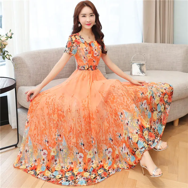 

2021 Printed Chiffon Dress With Thin Temperament Age Reduction Medium And Long Skirt Waist Closing Gentle Beach Vfemage Vadim