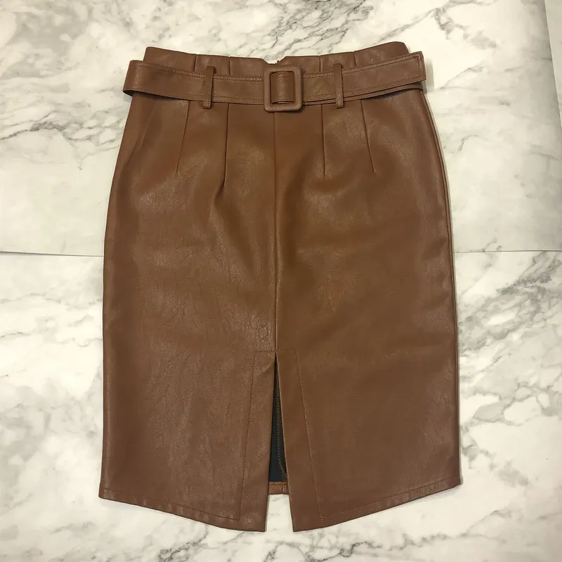 Юбка миди REALEFT из искусственной кожи элегантная юбка-карандаш с высокой талией и