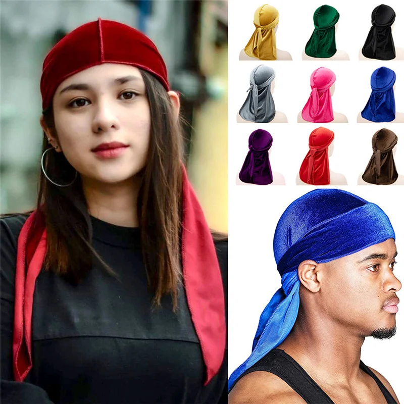 

Unisex Men Women Velvet Breathable Bandana Hat Durag Do Doo Du Rag Long Tail Headwrap Chemo Cap Solid Color Headwear Turban