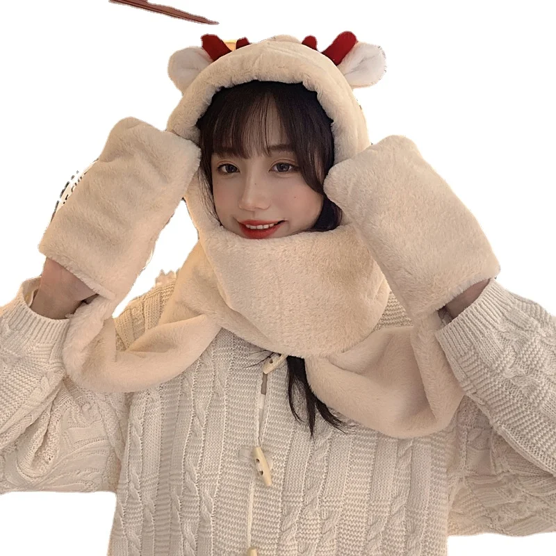 

Шапка шарф перчатки один из трех предметов женская зимняя милая плюшевая Толстая теплая одежда для велоспорта