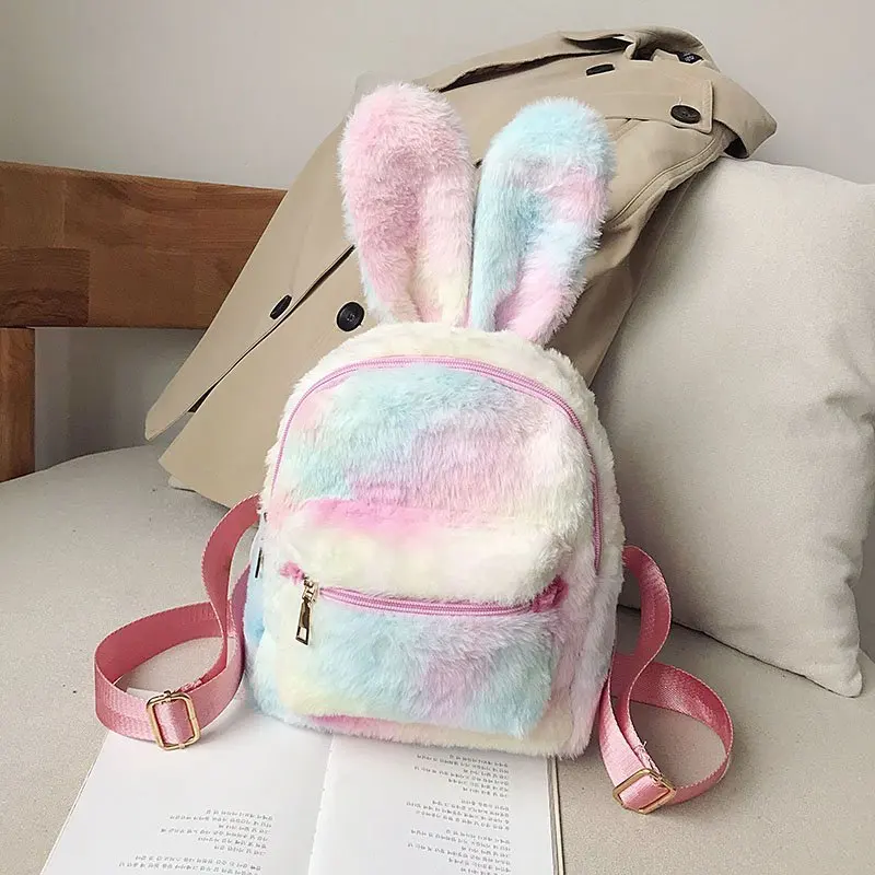 Rabbit Ears Tie Dye Plush Backpack For Women Faux Fur Shoulders Bag Cute Furry Mini Backpacks Girl Fluffy Bag 2021 Winter New