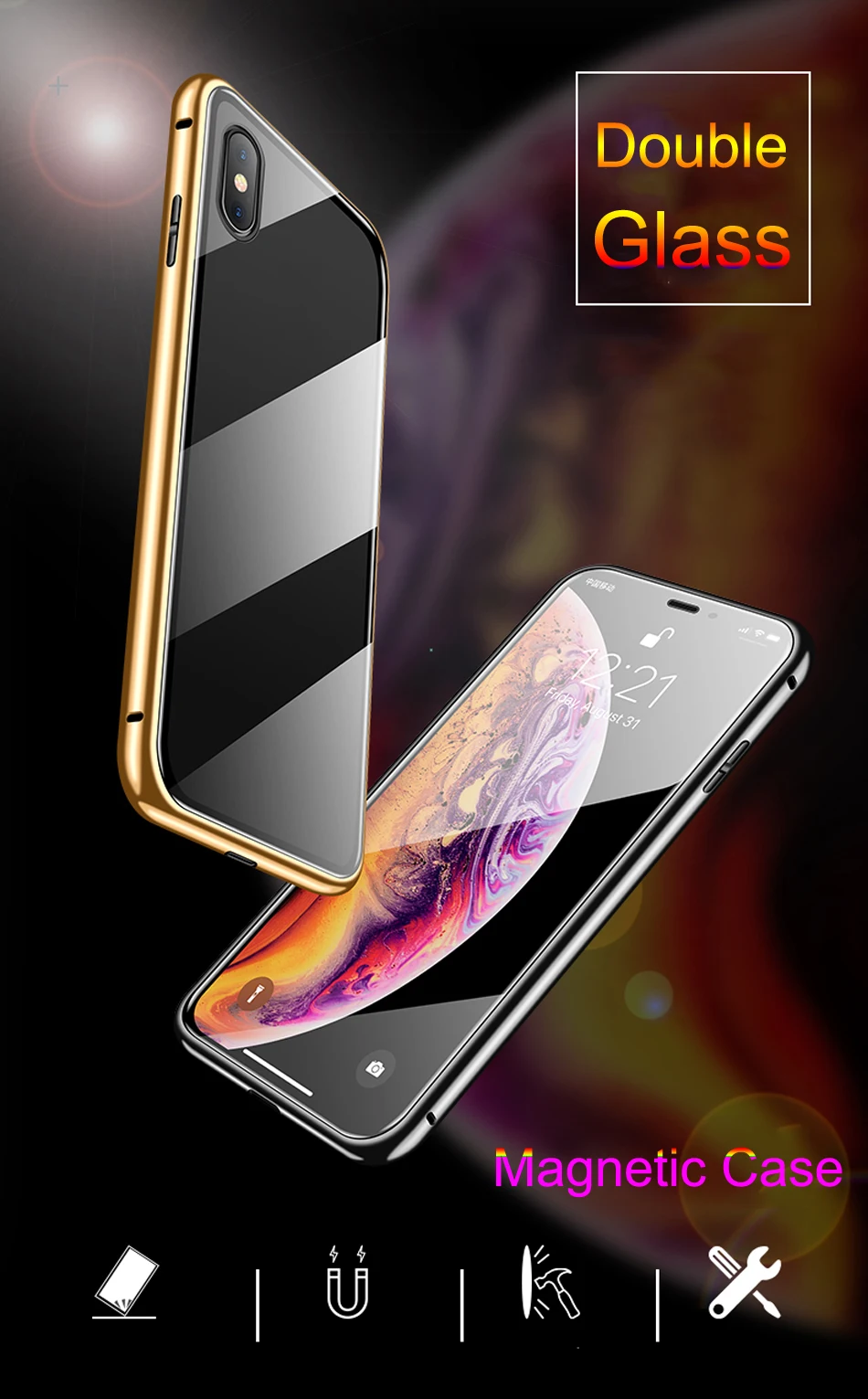 Oppselve Магнитный чехол для iPhone XR XS MAX X 8 7 6 6S Plus, двусторонний металлический чехол из закаленного стекла, магнитный чехол s, чехол Capinhas