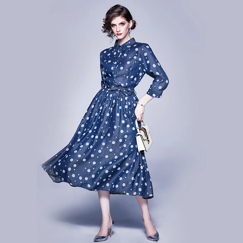

Simgent Polka Dot Denim Dress Women Autumn A Line Print Single Breasted Elegant Midi Flared Blouse Dresses Vestidos SG17292