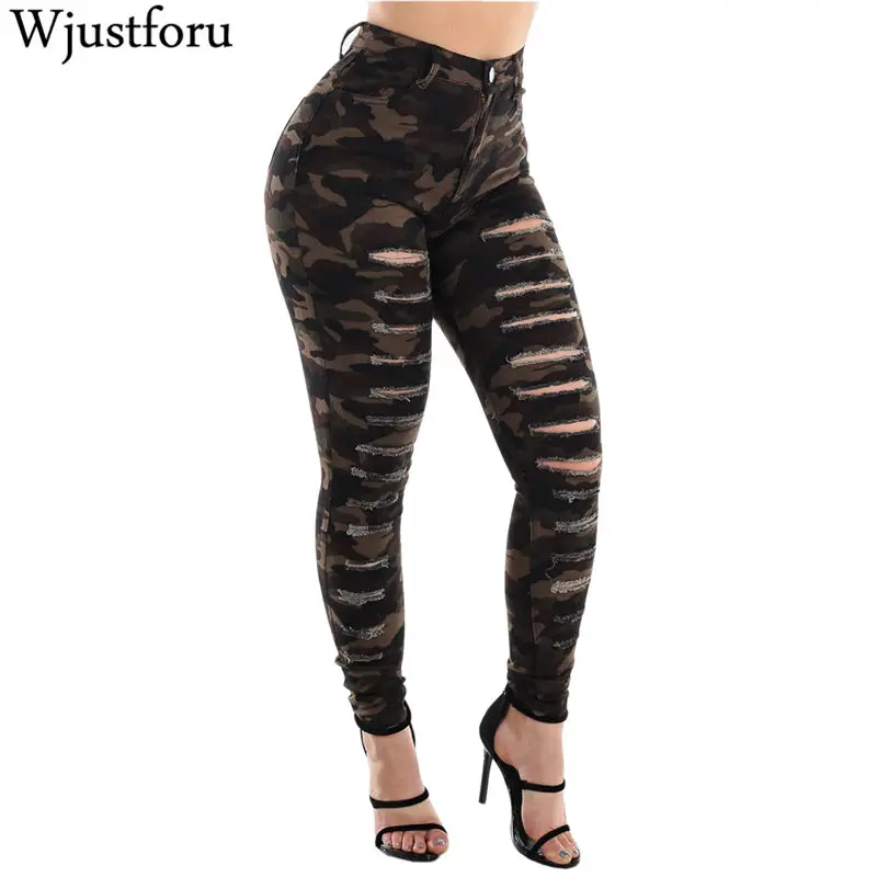Wjustforu модные камуфляжные рваные брюки женские повседневные облегающие штаны