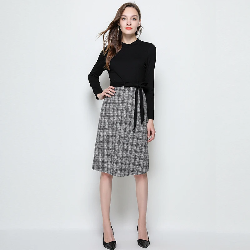 EC.MS платье из двух частей черный топ и клетчатая юбка элегантные офисные женские