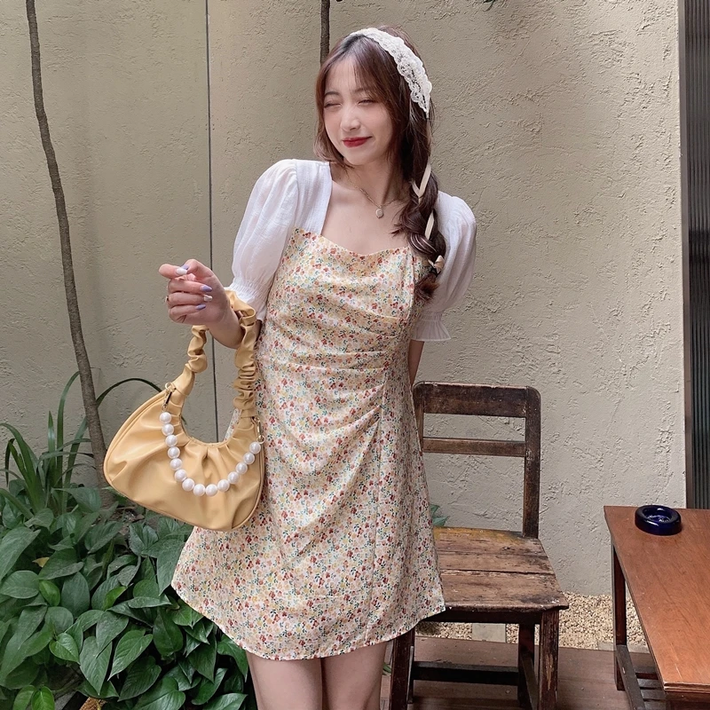 

Женское шифоновое плиссированное платье-трапеция, летнее платье большого размера с французским цветочным принтом, пышными рукавами и цвет...