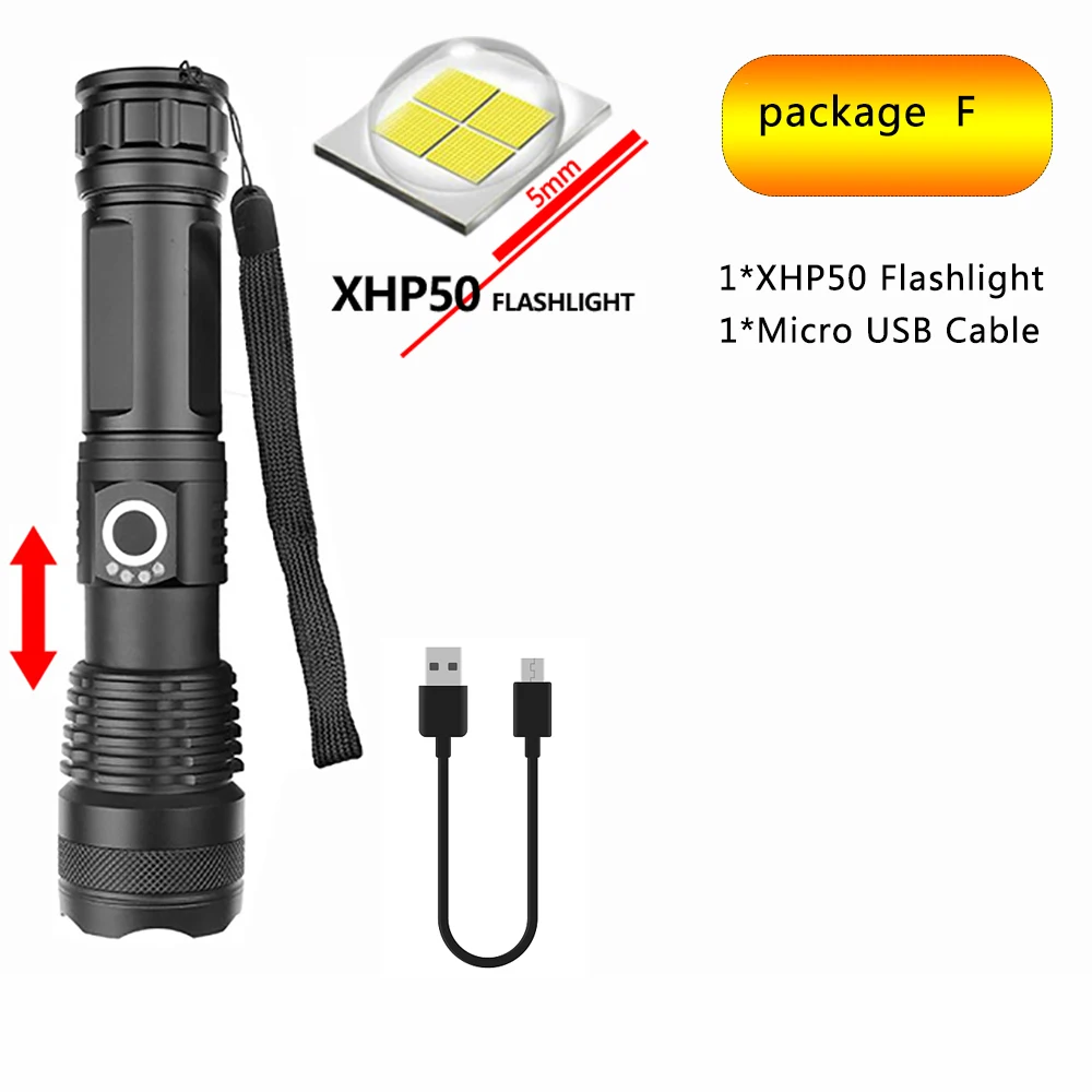 Package F Супер яркий светодиодный фонарь XHP90, перезаряжаемый, водонепроницаемый, фонарь с молотком Безопасности на открытом воздухе, батарея 26650, бесступенчатая лампа с затемнением - Испускаемый цвет: Package F