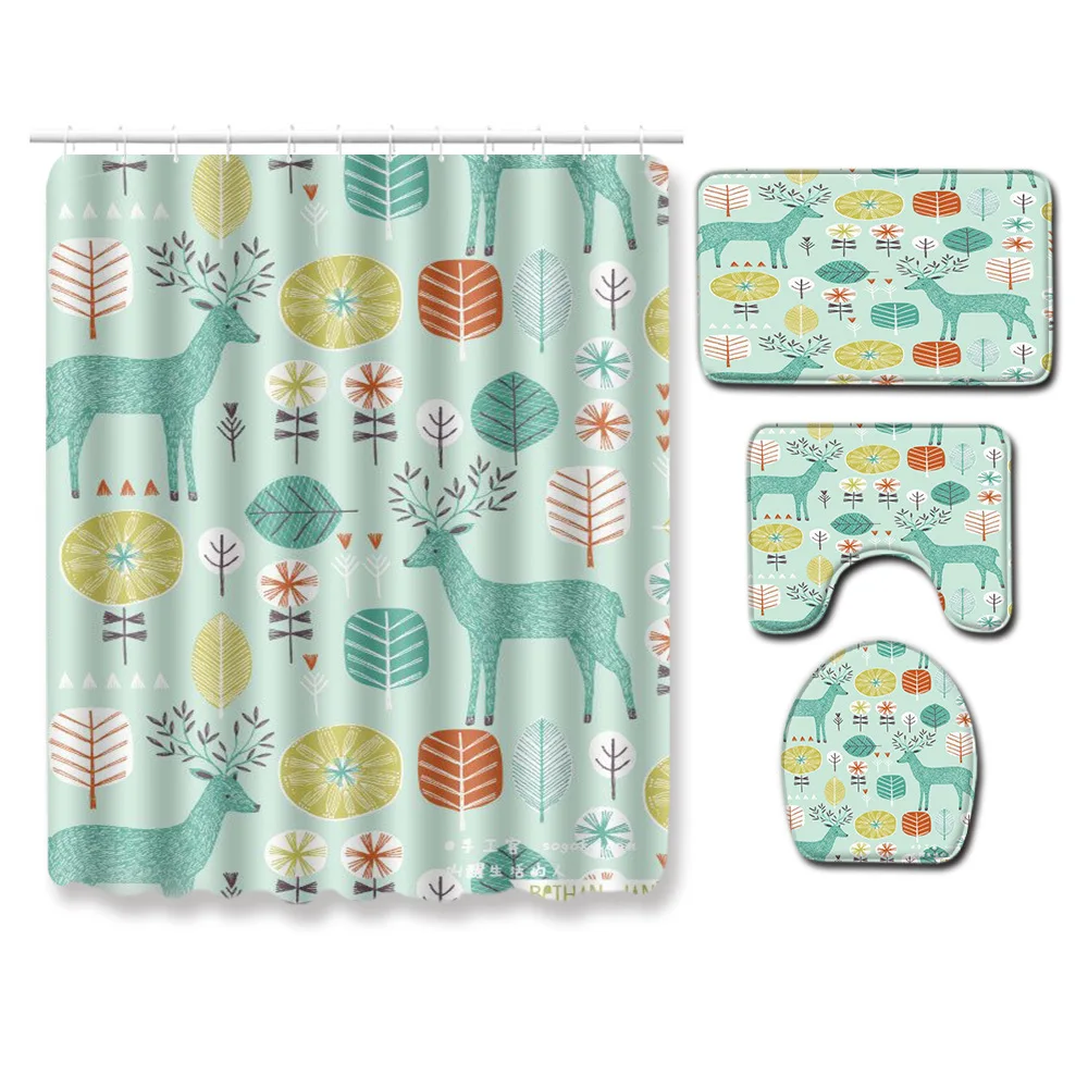 

Zeegle Cartoon 4PCS Bath Mat Set Shower Room Anti-slip Soft Rug Toilet Seat Cover Waterproof Curtain Waterproof Shower Curtain