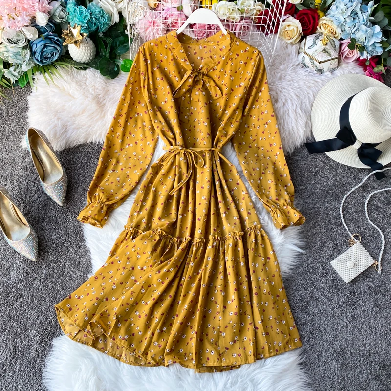 Летнее платье с цветочным принтом и длинным рукавом шифоновое пляжное бантом для