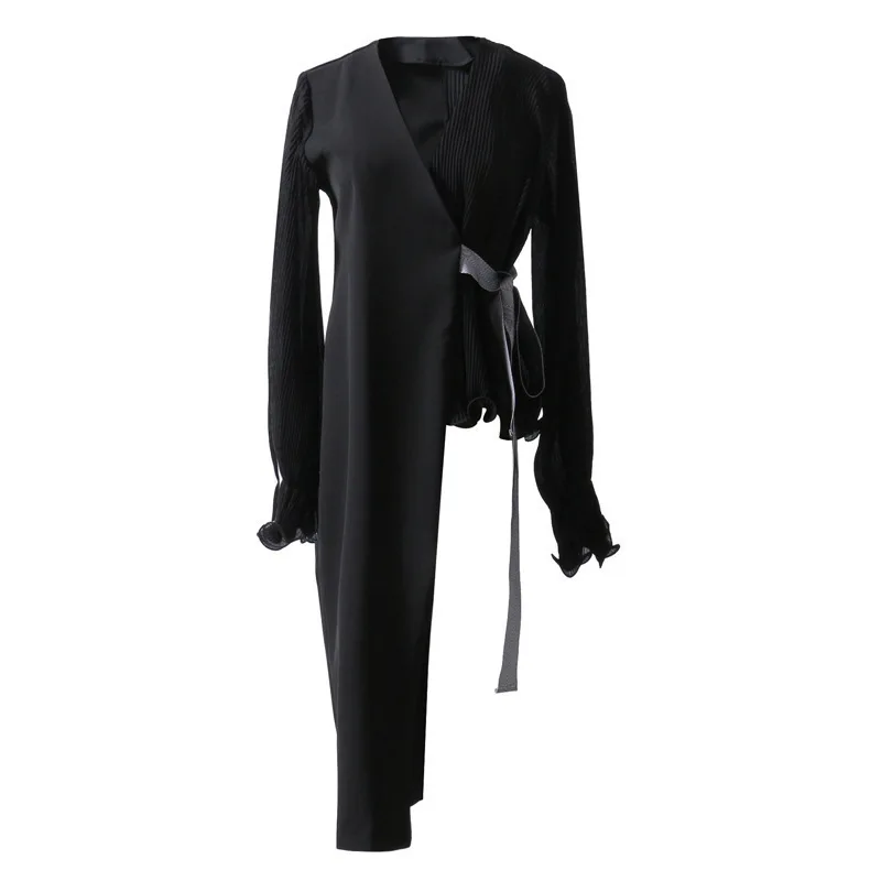 

2020 New Summer V-collar Long Flare Sleeve White Pleated Waist Bandage Irregular Split Joint Shirt Women Blouse Fashion P163