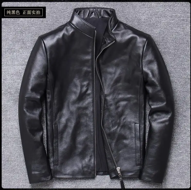

YR!Free shipping.Wholesales.father's gift.men slim real leather jacket.Plus size black Simple Business Casual cowhide coat.