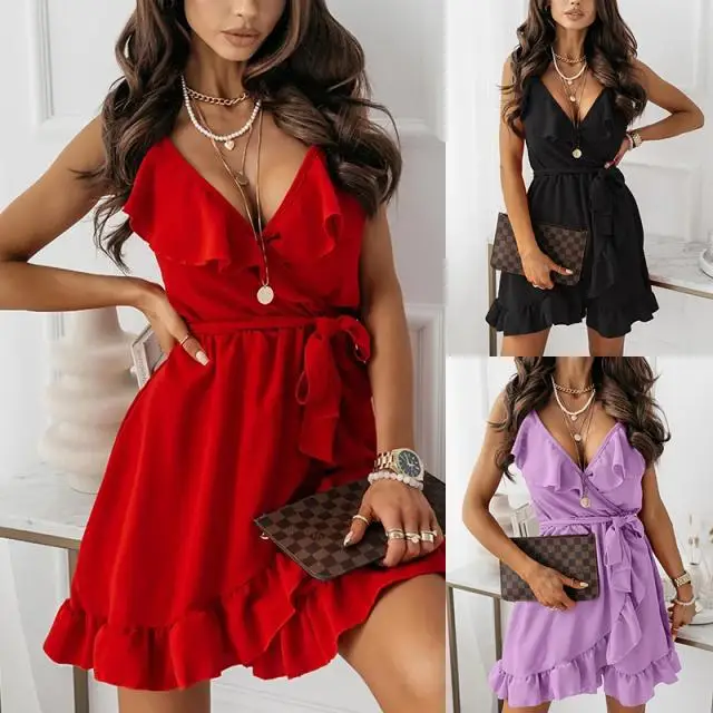 

Женское асимметричное платье без рукавов, однотонное свободное пляжное платье с оборками и V-образным вырезом, лето 2021