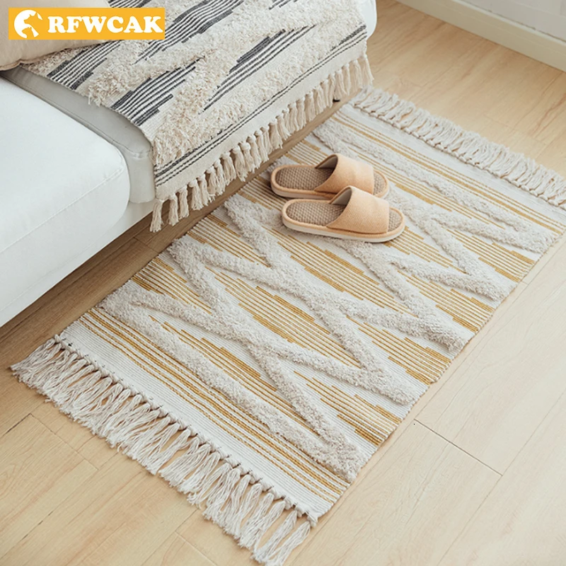 Ретро ковер для дивана гостиной спальни хлопковый с кисточками окрашенный в