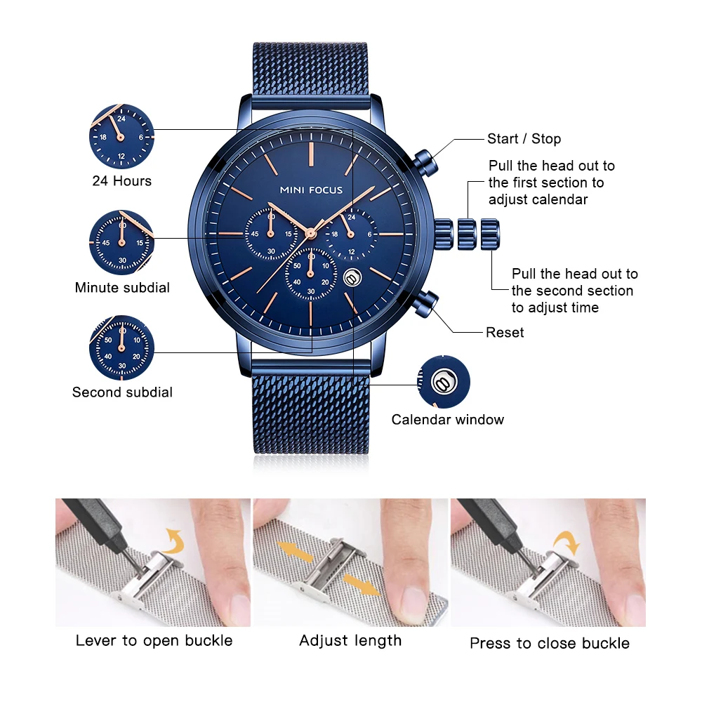 MINIFOCUS Fashion Men's Wrist Watches Luxury Design Quartz Watch Men 30m Waterproof Blue Stainless Steel Mesh Strap Reloj Hombre |