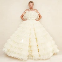 beige strapless tulle ball gown lush puffy ruffles evening dresses feather bow prom dress open back wedding dress for women