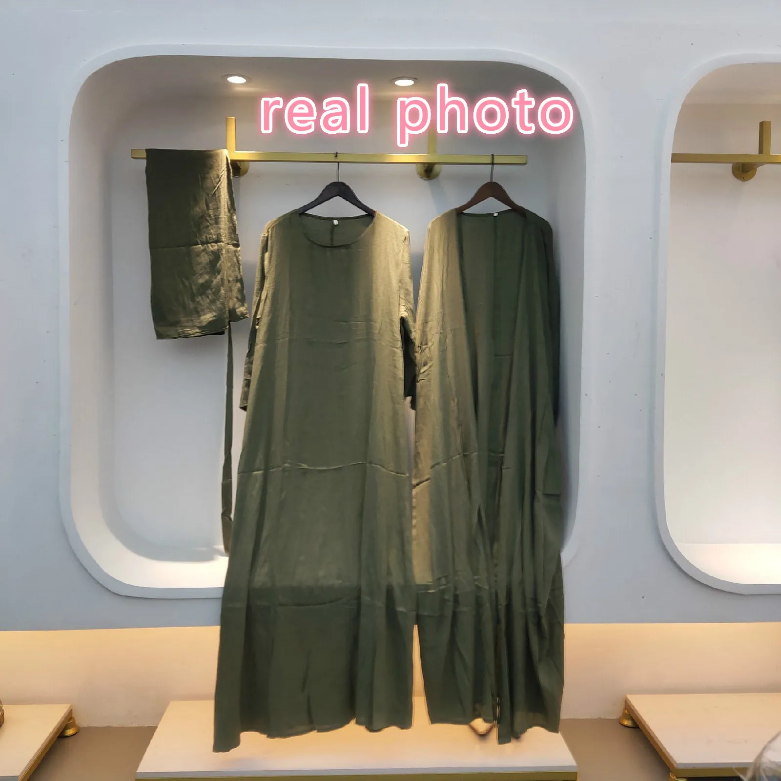 

SHENGPALAE Solid Color Large Size Long Sleeve Coat And Round Neck Long Sleeve Dress And Lace Up Waist Trousers 3 Pcs Sets Women