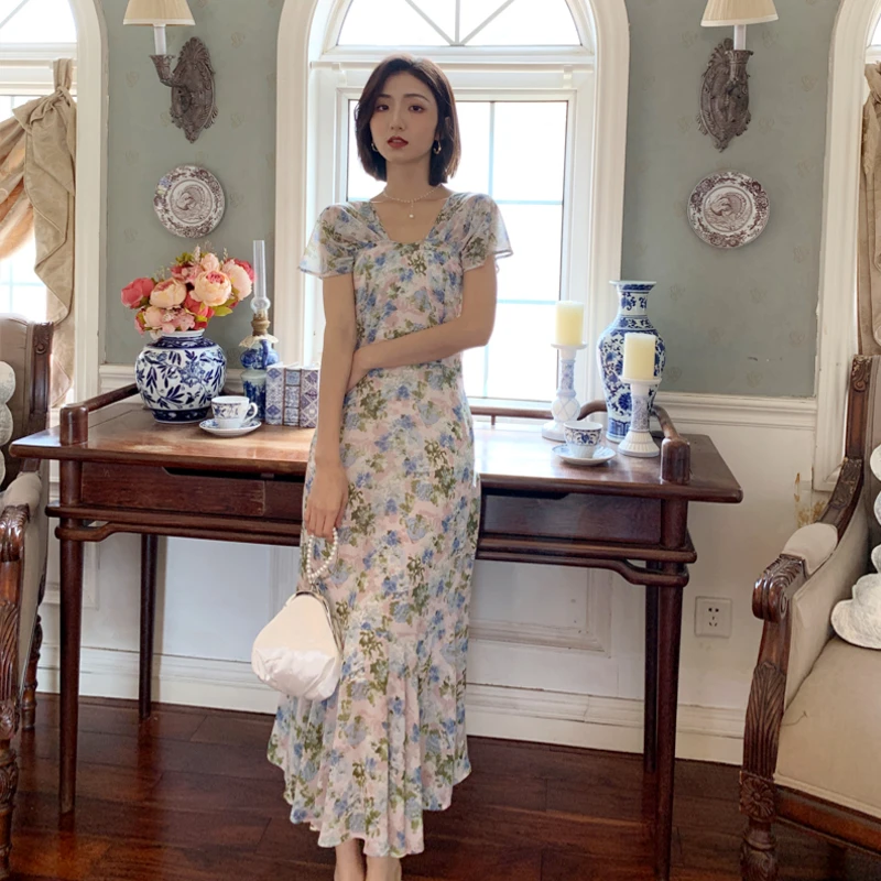

Summer Elegant Women's Printed Dress French Style Holiday Halter Fishtail Dress 2021 Female Vestidos