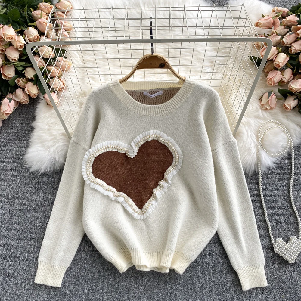 

Winter Pullover Sweater for Women Fashion Beading Love Pattern Knitted Jumper Korean Fashion Loose Cute Knitwear Outwear Tops